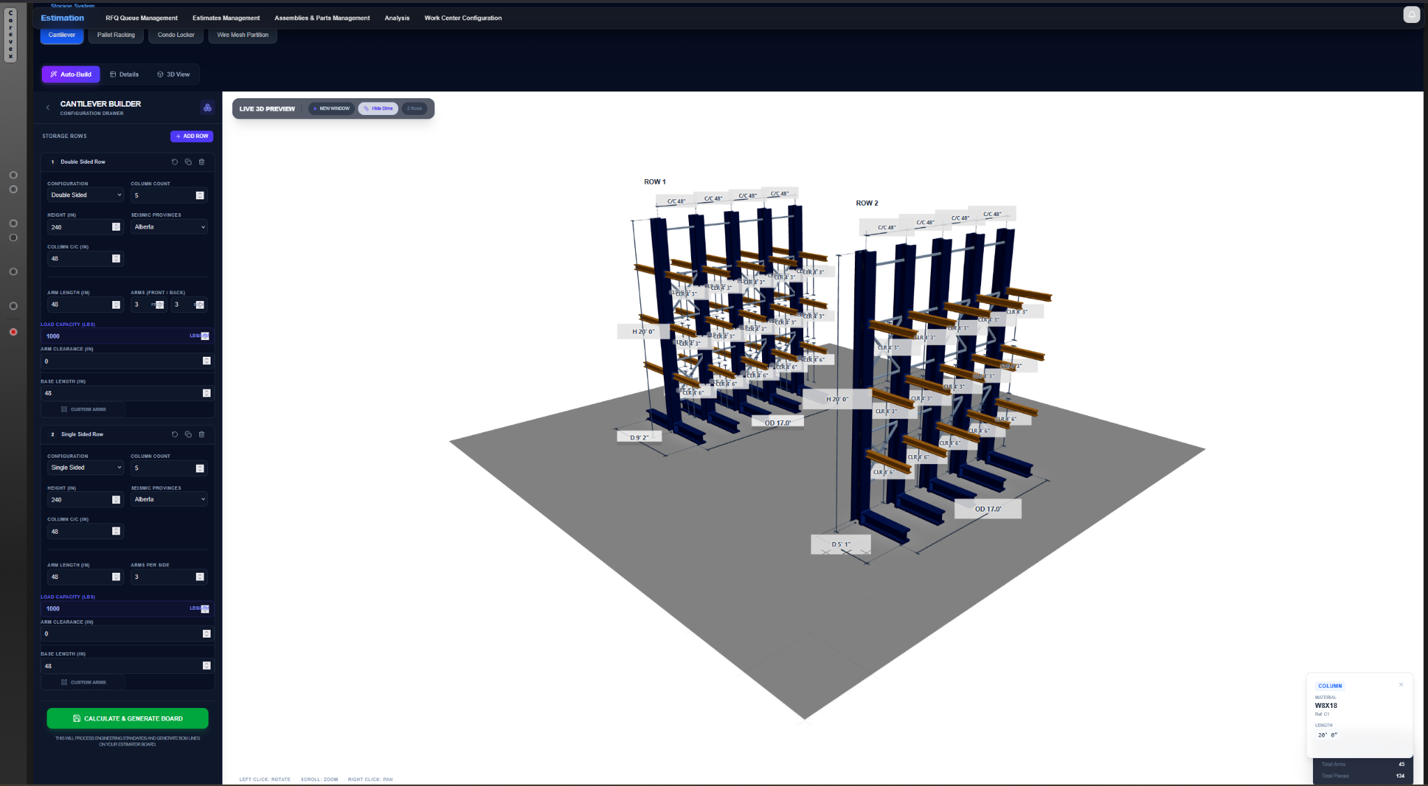 A configurable cantilever system with live 3D dimensions.