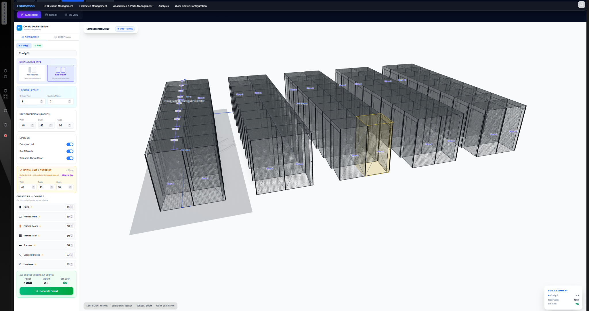 Configure locker layouts, components and quantities in one view.
