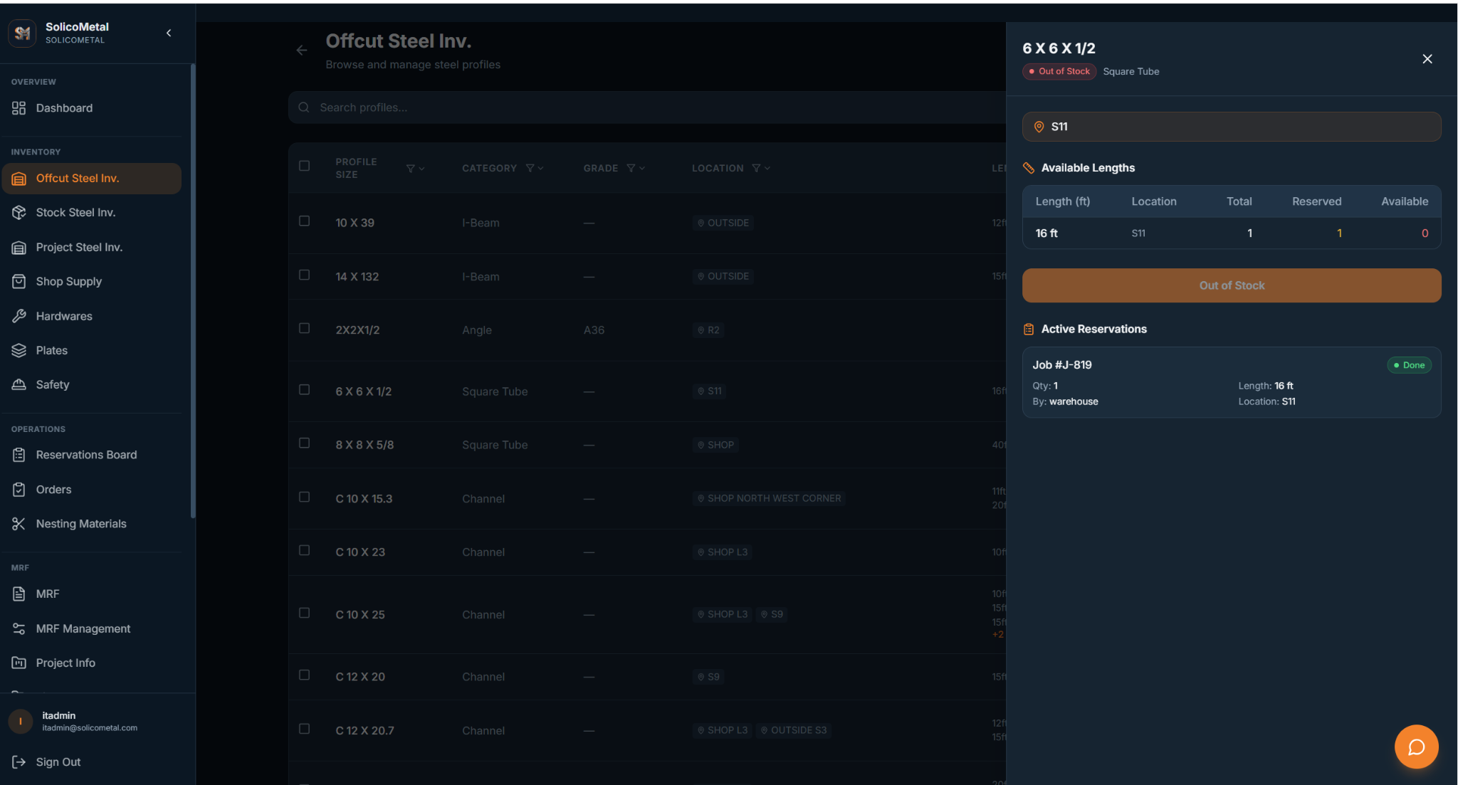 Steel inventory application showing profiles, stock location and reservations